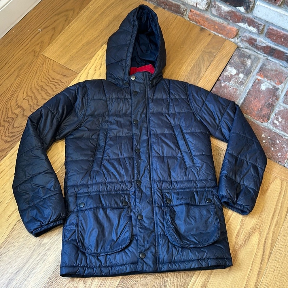 *Barbour Kids Down Jacket Quilted Navy Blue Removable Hood Boys Large